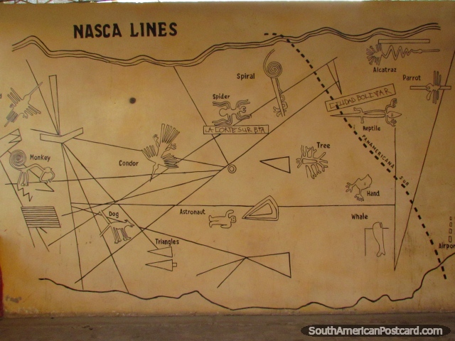 Mapa de Líneas de Nazca, mono, cóndor, perro, árbol, ballena, mano, reptil, espiral, araña y más. (640x480px). Perú, Sudamerica.
