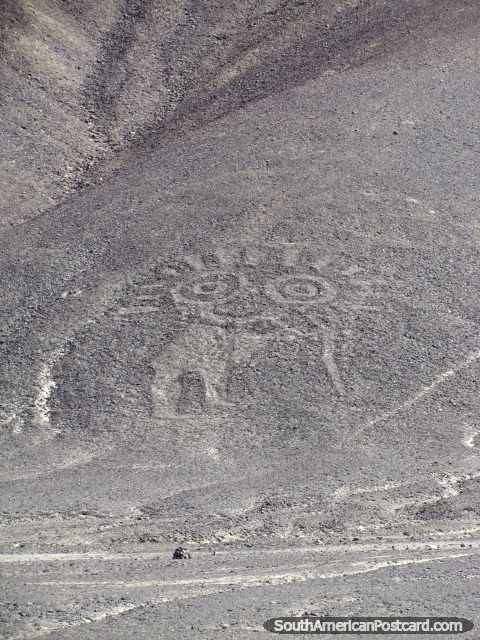 A figure with big eyes on a hillside, one of the Palpa Geoglyphs near Nazca. (480x640px). Peru, South America.