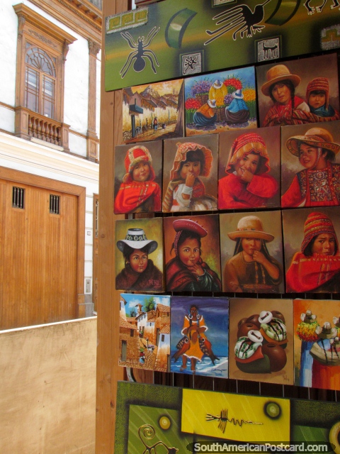 Paintings of indigenous girls with hats in a shop in Lima. (480x640px). Peru, South America.