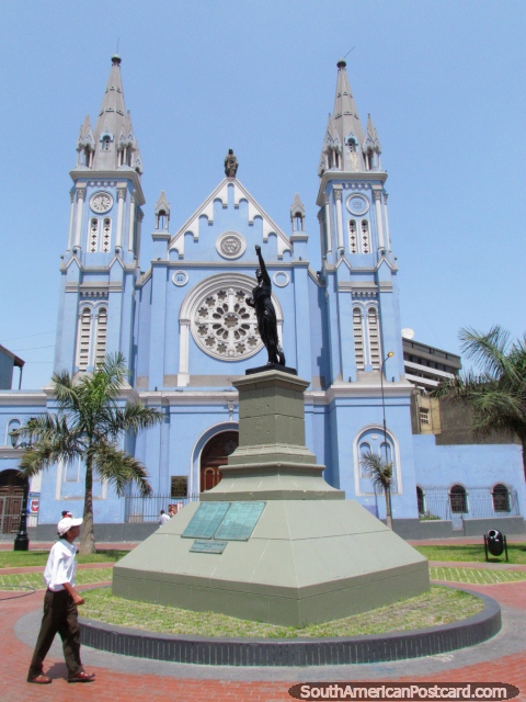 Blue church Iglesia de los Sagrados Corazones 'Recoleta' and plaza in Lima. (480x640px). Peru, South America.