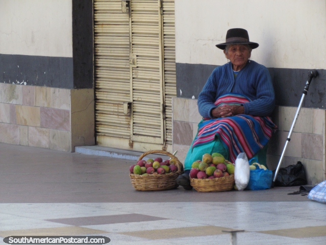 A woman sells fruit from a pair of baskets on a Tacna street. (640x480px). Peru, South America.