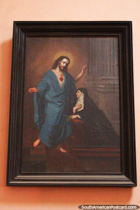 La pintura de un hombre y una mujer en la iglesia, Parroquia El Sagrario la Merced en Huánuco. (480x720px). Perú, Sudamerica.
