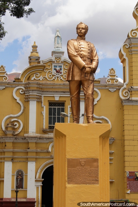Leoncio Prado Gutierrez (1853-1883), a Peruvian mariner, gold statue in Huanuco where he was born. (480x720px). Peru, South America.