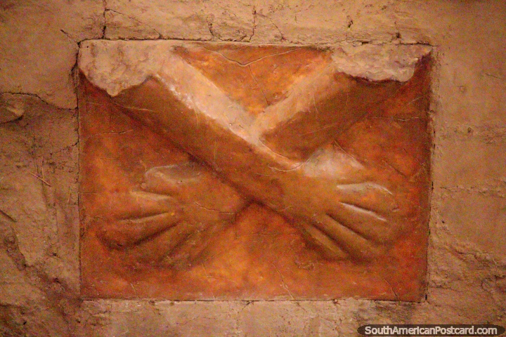 Temple of the Crossed Hands at Kotosh in Huanuco, the mans hands. (720x480px). Peru, South America.