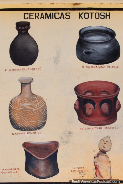 Ceramics found at the Kotosh ruins in Huanuco, diagram. (480x720px). Peru, South America.