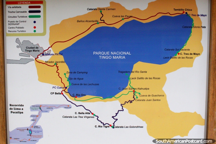 Mapa de parque nacional Tingo Maria e a área em volta dele, rios, cachoeiras e cavernas. (720x480px). Peru, América do Sul.