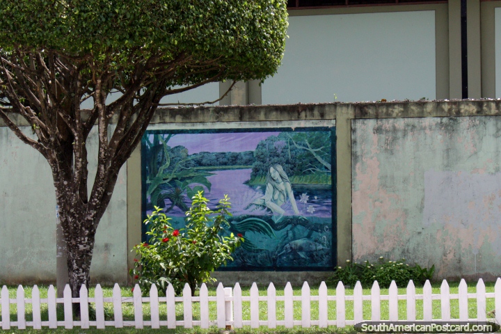 Mermaid beside the lake, myths and legends, mural in Yarinacocha, Pucallpa. (720x480px). Peru, South America.