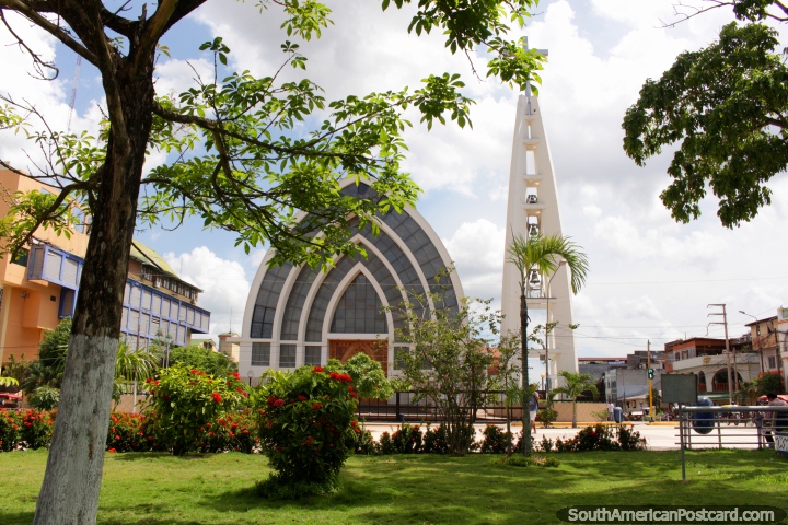 Pucallpa cathedral and bell-tower, view from the Plaza de Armas. (720x480px). Peru, South America.