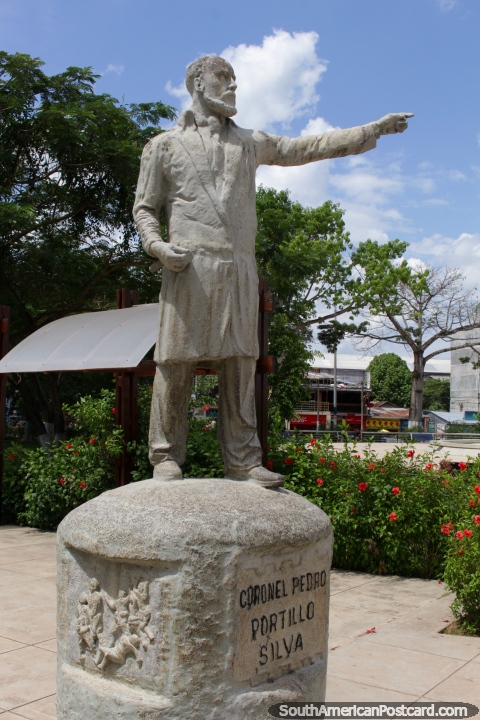 Coronel Pedro Portillo Silva (1856-1916), military and explorer, stone statue in Pucallpa. (480x720px). Peru, South America.