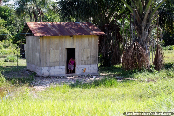 Uma mulher varre fora a sua pequena casa no Amaznia em volta de Aguaytia, entre Pucallpa e Tingo Maria. (720x480px). Peru, Amrica do Sul.