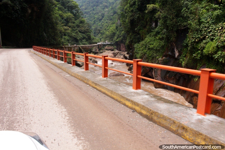 The bridge and road across and beside the Aguaytia River between Pucallpa and Tingo Maria. (720x480px). Peru, South America.