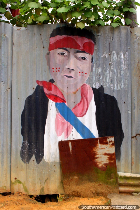Peruvian version of Keith Richards, red headband and scarf, mural in Lamas. (480x720px). Peru, South America.
