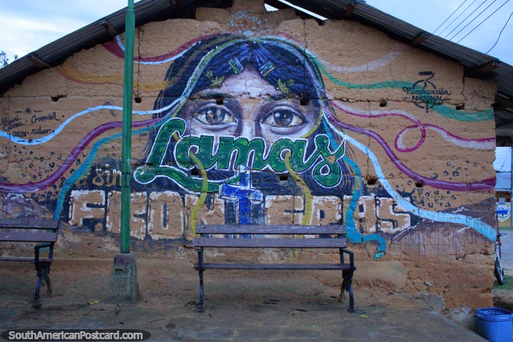 Adobe casa con mural de una mujer con grandes ojos en Wayku, Lamas. (720x480px). Per, Sudamerica.
