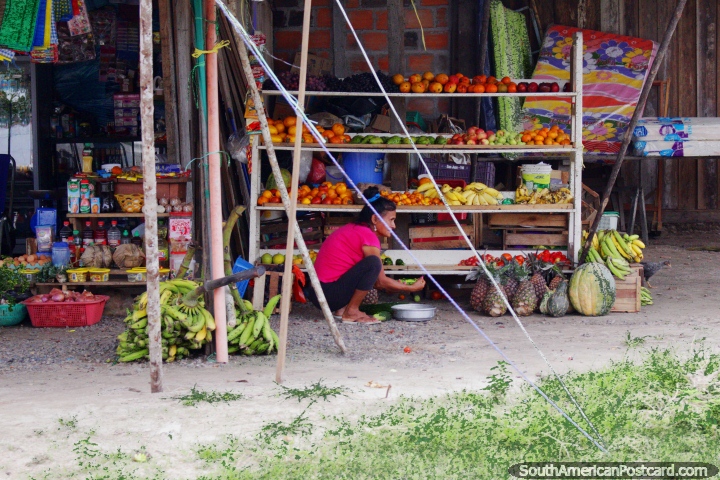 Una tienda de frutas y verduras al lado de la carretera en el Amazonas, al norte de Tarapoto. (720x480px). Perú, Sudamerica.