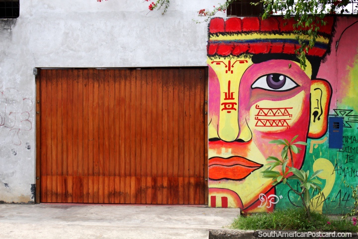 Peruvian warrior of the jungle, beautiful colors, mural in Yurimaguas. (720x480px). Peru, South America.