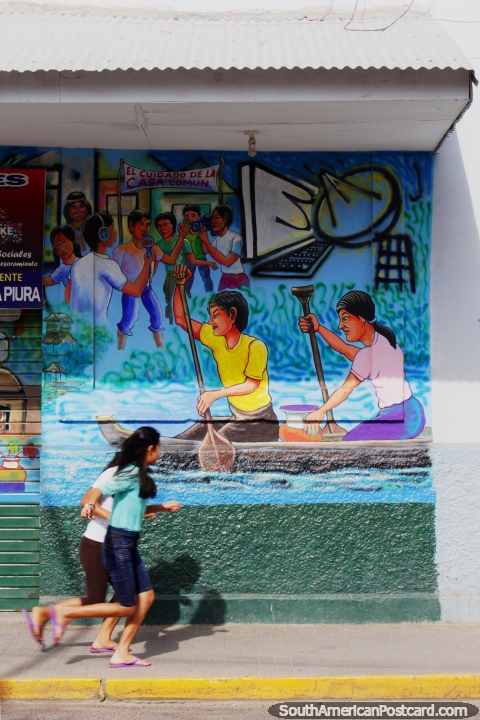 Man and woman paddling their canoe, mural in Yurimaguas, children run past. (480x720px). Peru, South America.