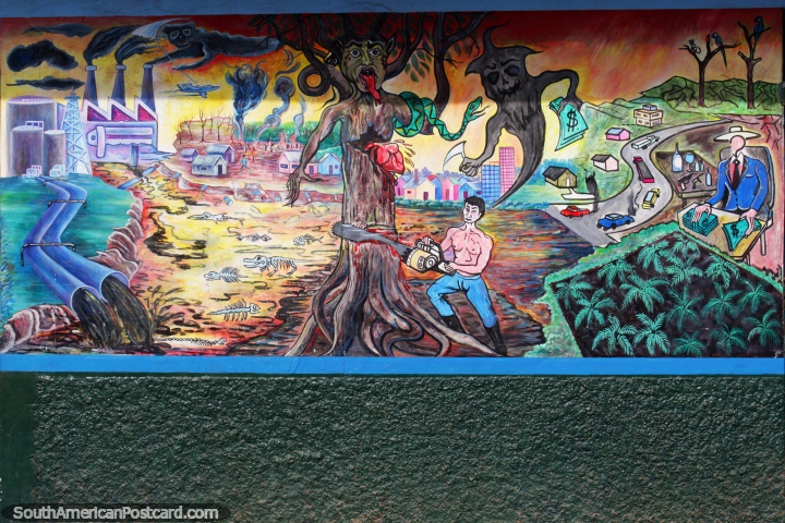 Representación de la destrucción del hombre de la selva tropical, mural en Yurimaguas. (720x480px). Perú, Sudamerica.