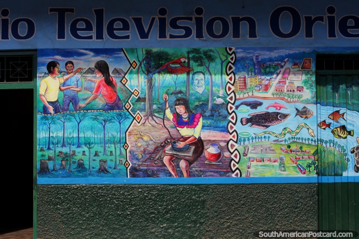 Mural of a woman working at the Radio Television Oriente building in Yurimaguas. (720x480px). Peru, South America.
