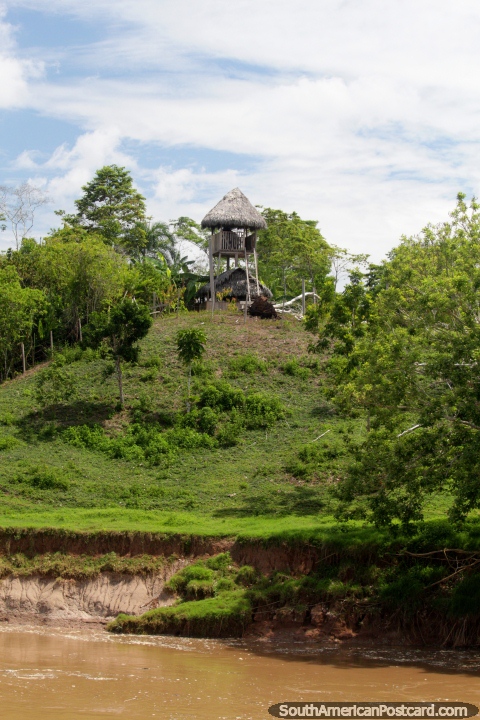 Uma torre de vigia de madeira em uma colina, para procurar barcos e barcos, ao norte de Yurimaguas. (480x720px). Peru, América do Sul.