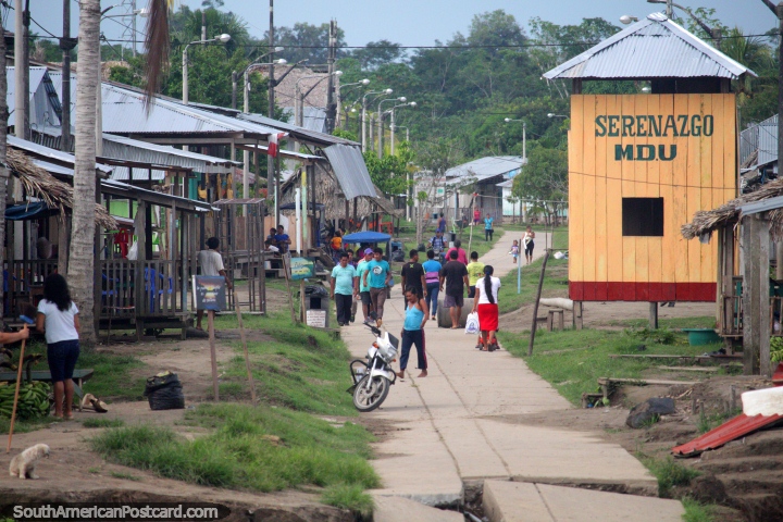 Maipuco, a small town in the Amazon, view from the river, has cellphone coverage! (720x480px). Peru, South America.