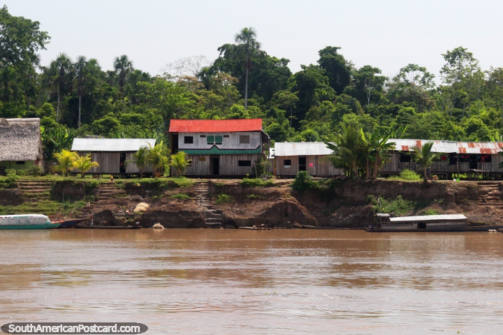 Houses in the community of San Pedro on the Maranon River in the Amazon. (720x480px). Peru, South America.