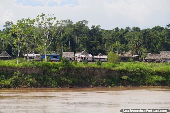 Comunidade de Amazônia de Ollanta entre Saramuro e Nauta, casas nos bancos de rio. (720x480px). Peru, América do Sul.