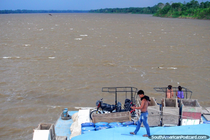 4pm day 2, powering down the Maranon River towards Nauta at 17kmsph on a cargo ferry, the Amazon! (720x480px). Peru, South America.