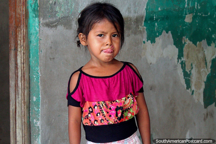 Uma pequena menina de uma comunidade de Amazônia no mato perto de Iquitos. (720x480px). Peru, América do Sul.