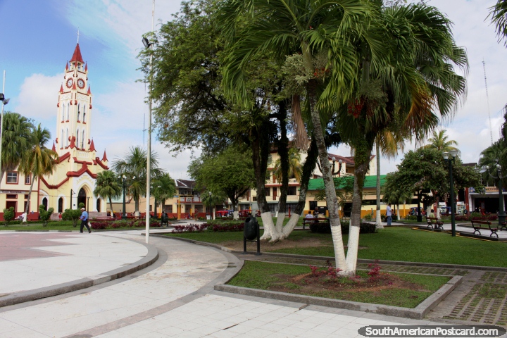 The main plaza in Iquitos and church. (720x480px). Peru, South America.