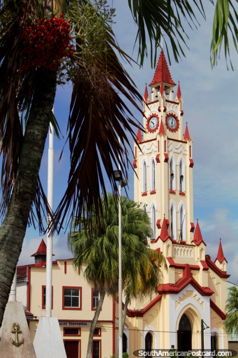 The well-kept church and clock tower in Iquitos beside the main plaza. (480x720px). Peru, South America.