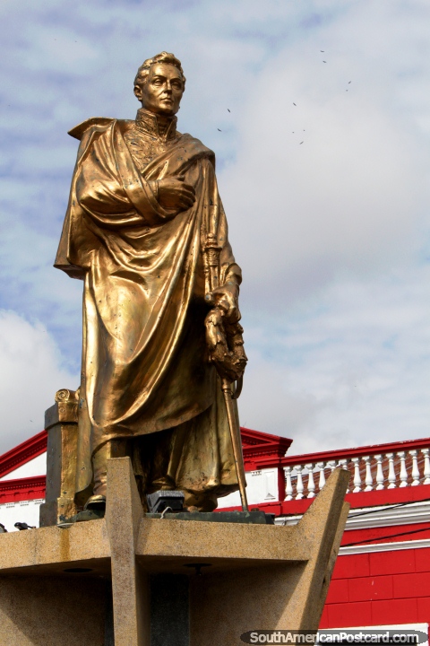 Gold statue of Simon Bolivar, the independence leader, Iquitos. (480x720px). Peru, South America.