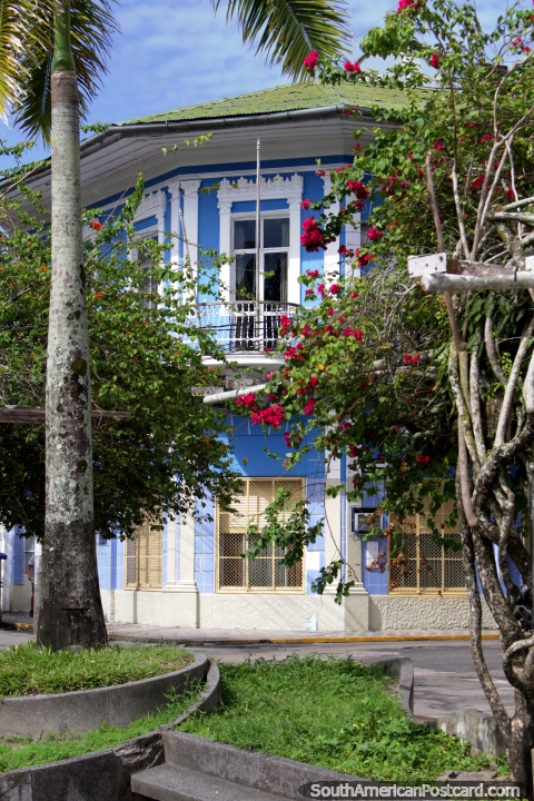 Edificio azul en la esquina del malecn de Iquitos, flores y palmeras. (480x720px). Per, Sudamerica.
