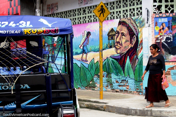Mural of an indigenous man in Belen, a neighborhood in Iquitos. (720x480px). Peru, South America.
