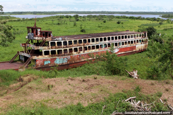 An old rusted ferry on display in Iquitos, apparently used for drug trafficking years ago. (720x480px). Peru, South America.