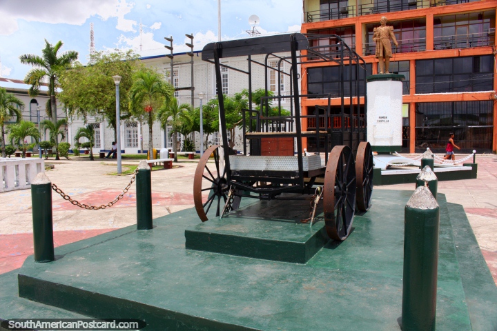 Plaza with an old metal car frame and statue of Ramon Castilla (1797-1867), President of Peru, Iquitos. (720x480px). Peru, South America.