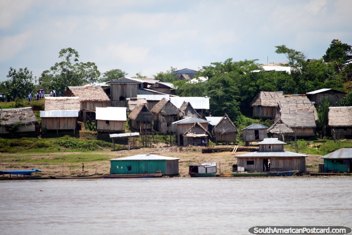 Uma comunidade de casas de madeira com telhados cobertos com palha, examine do Rio de Amazônia entre Iquitos e Santa Rosa. (720x480px). Peru, América do Sul.