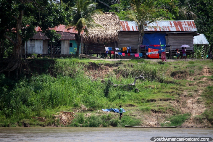 Houses of the Amazon and colorful washing, the banks of the river between Iquitos and Santa Rosa. (720x480px). Peru, South America.