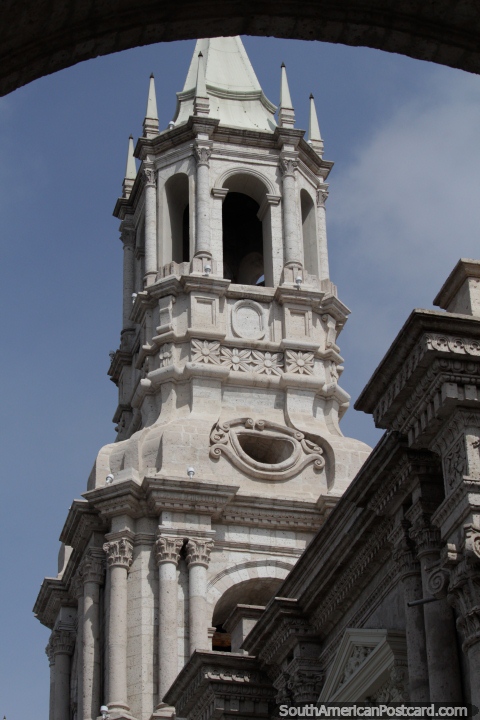 Cathedral tower in Arequipa, a great city for photography of antique buildings and architecture. (480x720px). Peru, South America.