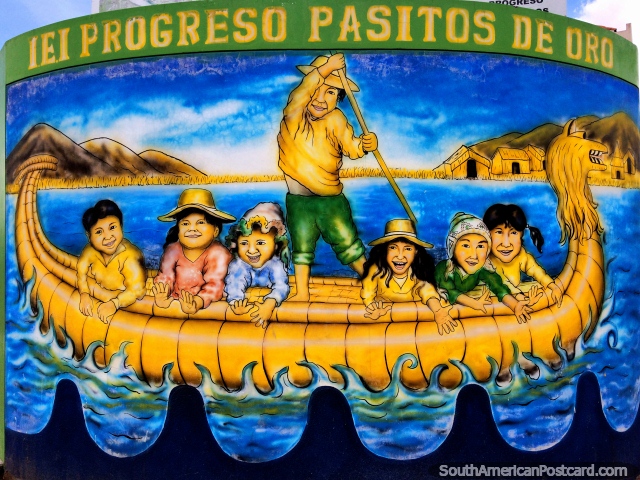 Niños en un bote dragón en el lago Titicaca, mural en el puerto de Puno. (640x480px). Perú, Sudamerica.