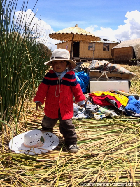Pequeno rapaz que vive de uma ilha de cana que flutua no Lago Titicaca tem uma vida diferente, Puno. (480x640px). Peru, Amrica do Sul.