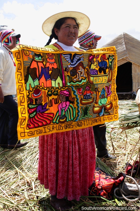 Beautiful crafts of the Uros people of Lake Titicaca, woven with wool, Puno. (480x720px). Peru, South America.