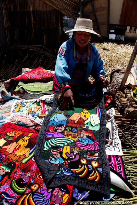 High quality hand woven wall hangings for sale at Summa Willjta Island, Lake Titicaca in Puno. (480x720px). Peru, South America.