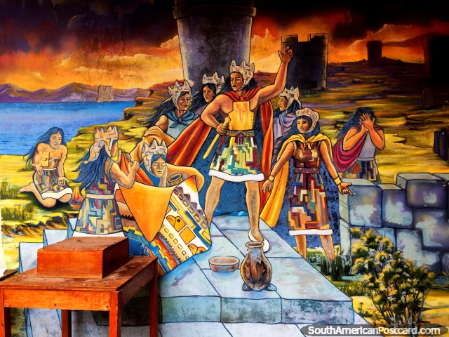Mural of ancient tribes living beside Lake Titicaca at a school in Puno. (640x480px). Peru, South America.