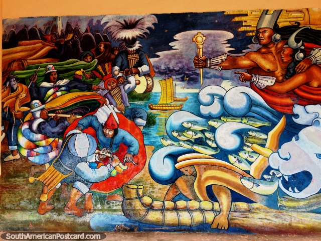 Los indgenas tocan instrumentos musicales mientras peces y dioses se levantan del lago Titicaca, un mural en Puno. (640x480px). Per, Sudamerica.