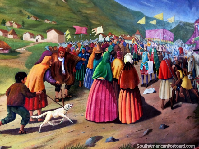 Gathering of indigenous and colonizers beside the hills of Lake Titicaca, mural in Puno. (640x480px). Peru, South America.