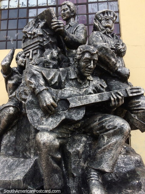 Fine bronze work featuring musicians, learn to play at the school of fine arts in Puno. (480x640px). Peru, South America.