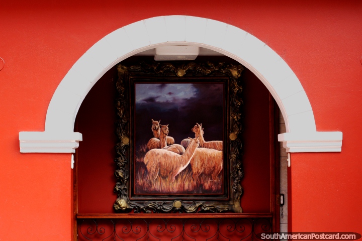 Painting of alpacas beneath an archway at the Carlos Dreyer Museum in Puno. (720x480px). Peru, South America.