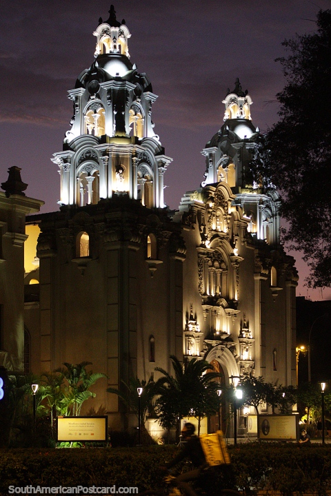 Parroquia La Virgen Milagrosa with amazing lights at night in Miraflores, Lima. (480x720px). Peru, South America.