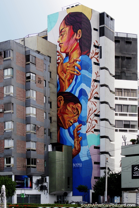 Huge mural on a building-side in Lima by pesimo93 (pesimoart.com), 2 indigenous women. (480x720px). Peru, South America.