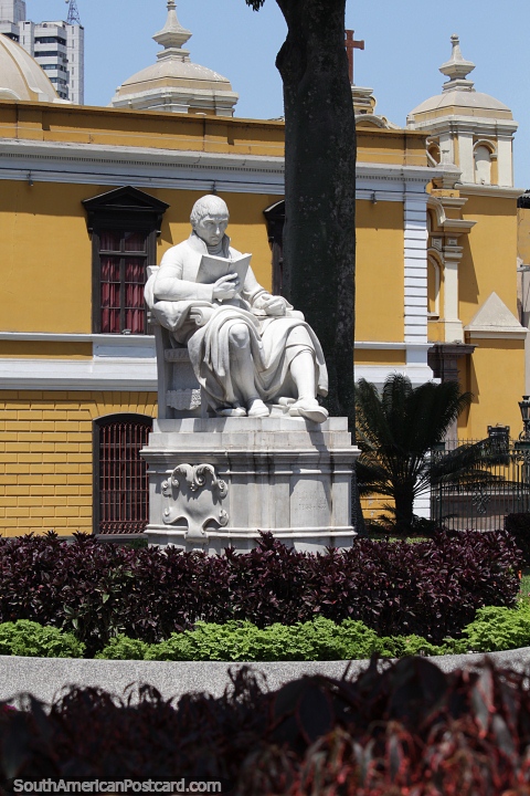 Hipolito Unanue (1755-1833), medicine, education and politics, man reads book, monument in Lima. (480x720px). Peru, South America.